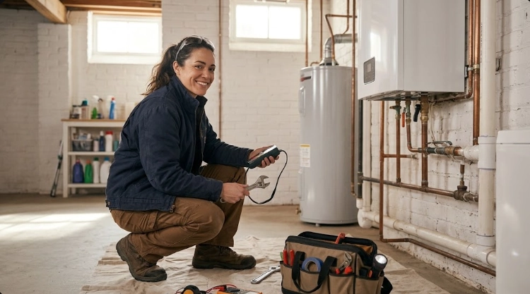 Licensed technician inspecting natural gas distribution piping and emergency shutoff valves
