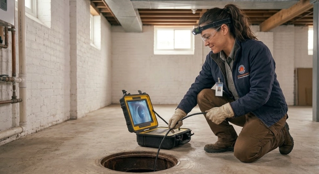 Plumbing technician viewing real-time underground sewer camera diagnostic footage on portable color monitor