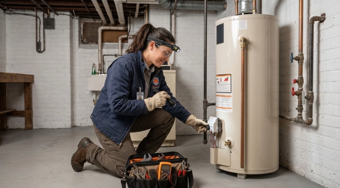 Licensed technician inspecting gas valve controls and burner assembly on a residential water heater